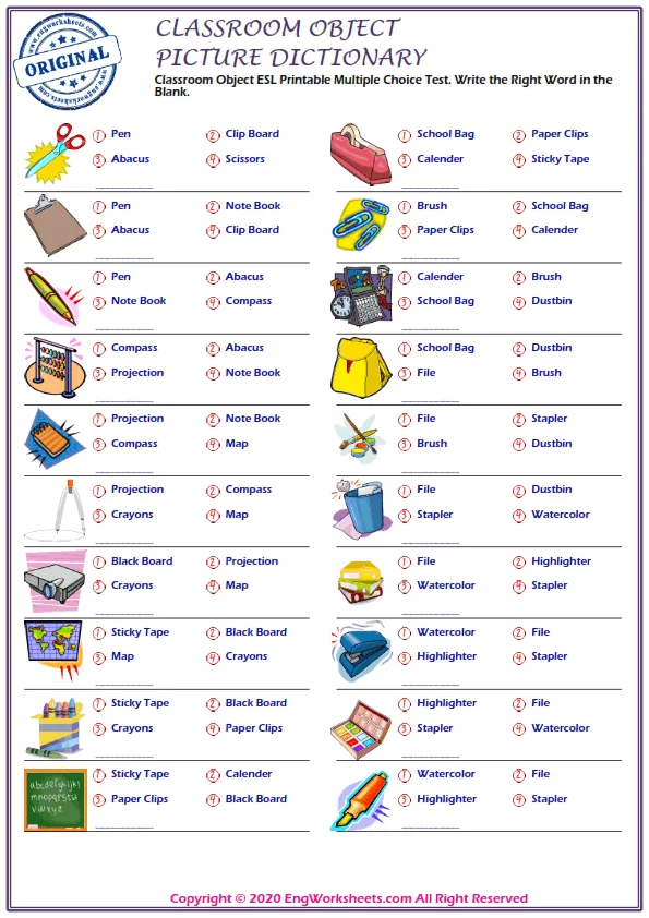 Classroom Objects ESL Printable Multiple Choice Test. Write the Right Word in the Blank. Worksheet Preview