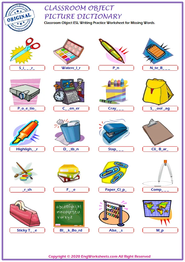 Classroom Objects ESL Writing Practice Worksheet for Missing Words. Worksheet Preview