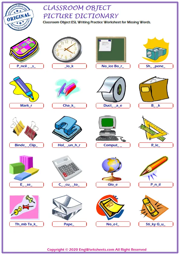 Classroom Objects ESL Writing Practice Worksheet for Missing Words. Worksheet Preview