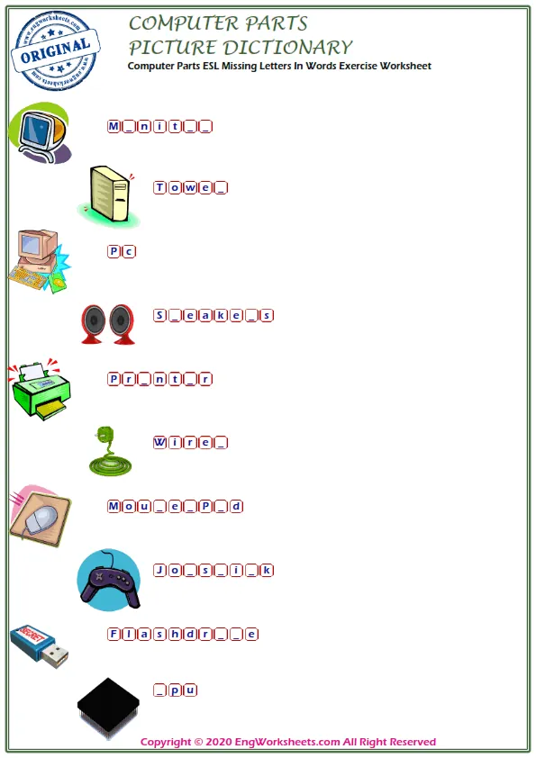 Computer Parts ESL Missing Letters In Words Exercise Worksheet Worksheet Preview
