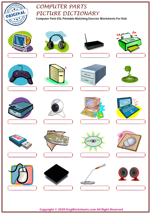 Computer Parts ESL Printable Matching Exercise Worksheets For Kids Worksheet Preview