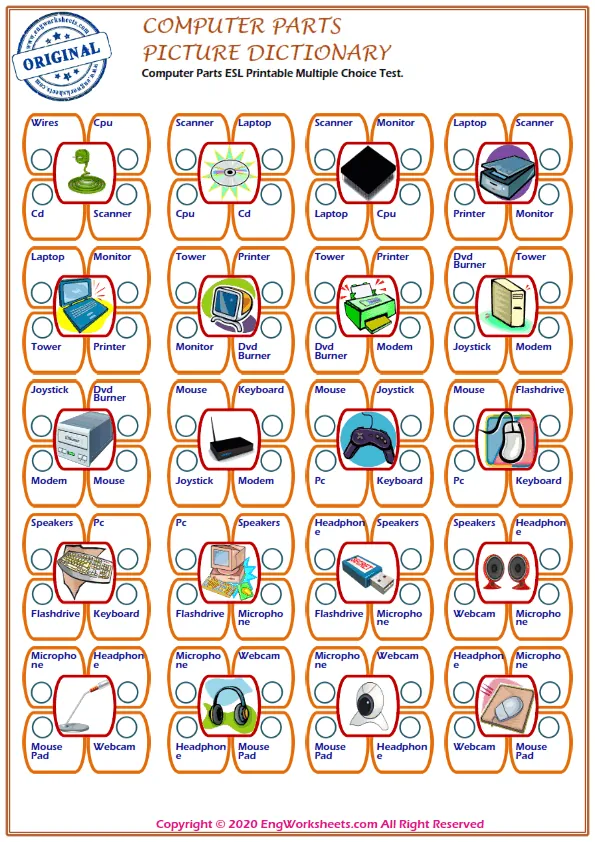 Computer Parts ESL Printable Multiple Choice Test. Worksheet Preview