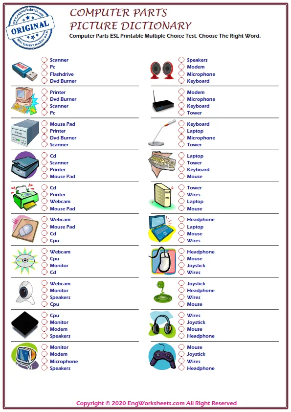 Computer Parts ESL Printable Multiple Choice Test. Choose The Right Word. Worksheet Preview