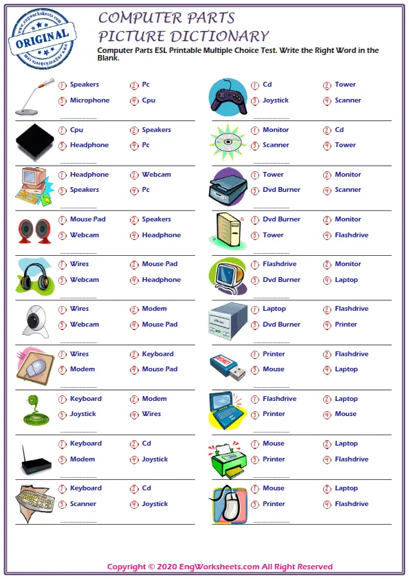 Computer Parts ESL Printable Multiple Choice Test. Write the Right Word in the Blank. Worksheet Preview