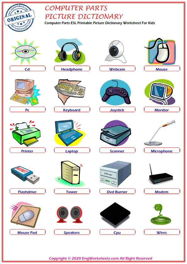 Computer Parts ESL Printable Picture Dictionary Worksheet For Kids Worksheet Preview