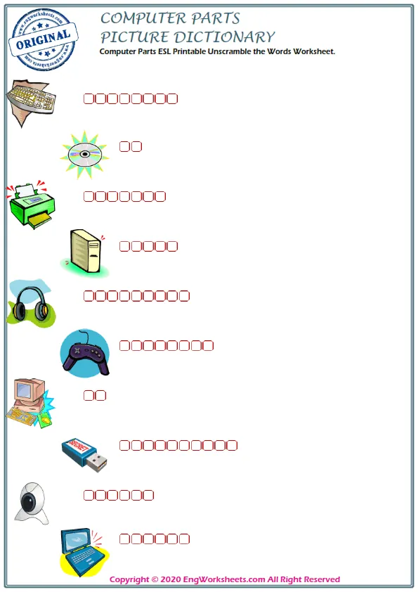 Computer Parts ESL Printable Unscramble the Words Worksheet. Worksheet Preview