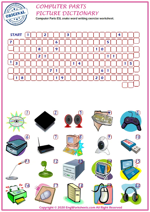 Computer Parts ESL snake word writing exercise worksheet. Worksheet Preview