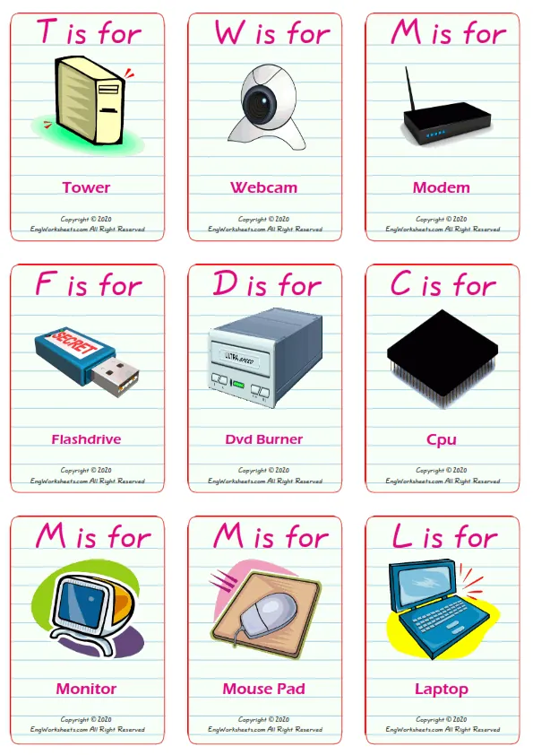 Computer Parts vocabulary worksheet with words, nine images per page Worksheet Preview
