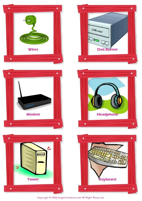 Computer Parts vocabulary worksheet with words, six images per page Worksheet Preview