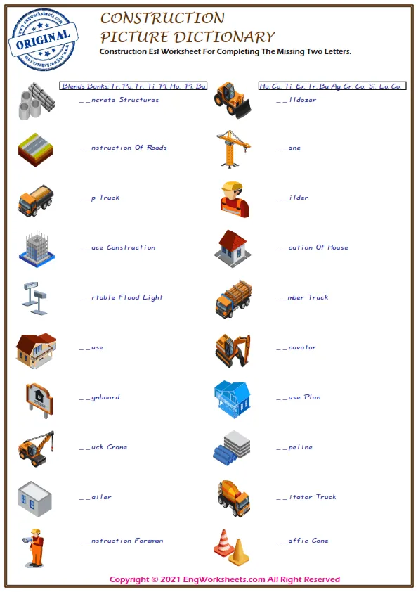 Construction Esl Worksheet For Completing The Missing Two Letters. Worksheet Preview