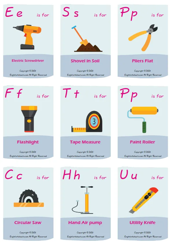 Construction Tools vocabulary worksheet with words, nine images per page Worksheet Preview