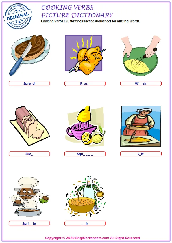 Cooking Verbs ESL Writing Practice Worksheet for Missing Words. Worksheet Preview