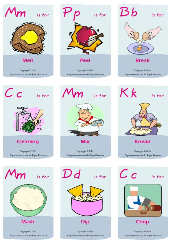Cooking Verbs vocabulary worksheet with words, nine images per page Worksheet Preview