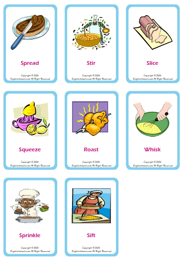 Cooking Verbs vocabulary worksheet with words, nine images per page Worksheet Preview