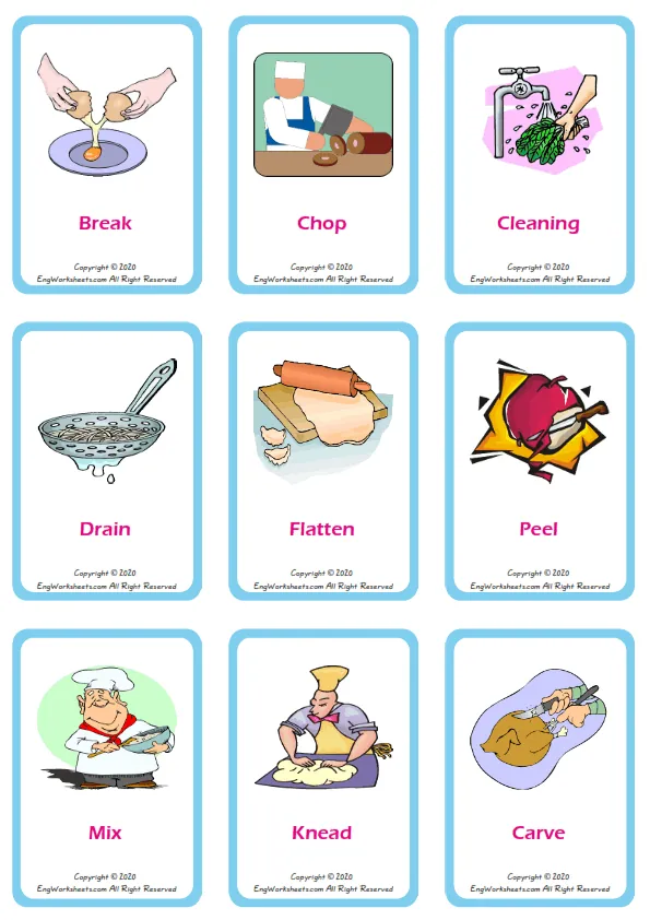 Cooking Verbs vocabulary worksheet with words, nine images per page Worksheet Preview