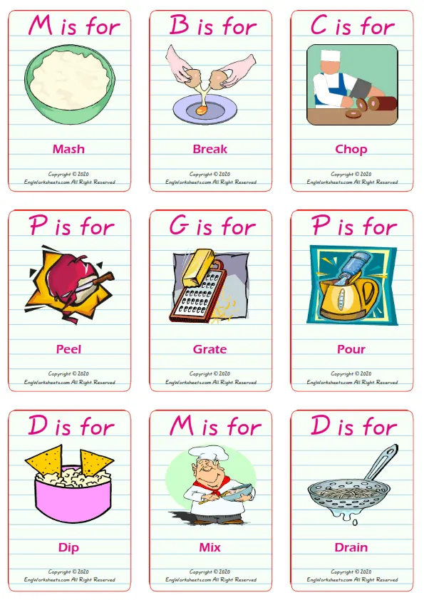 Cooking Verbs vocabulary worksheet with words, nine images per page Worksheet Preview