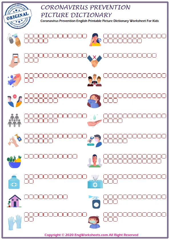 Coronavirus Prevention ESL Printable Picture Dictionary For Kids. Write the Numbers in the Word List Next to the Pictures. Worksheet Preview