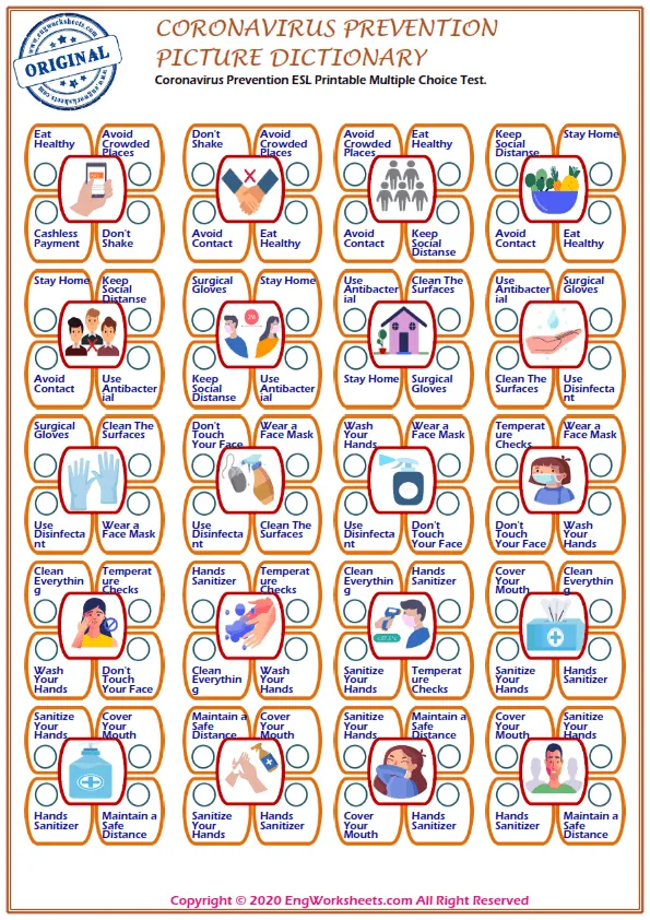 Coronavirus Prevention ESL Printable Multiple Choice Test. Write the Right Word in the Blank. Worksheet Preview
