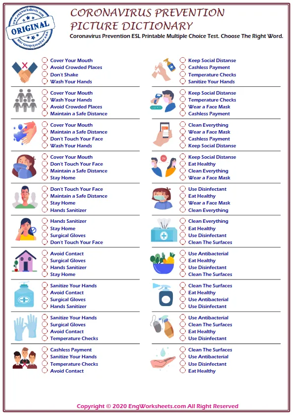 Coronavirus Prevention English word search puzzle worksheet, find the given words in the puzzle. Worksheet Preview