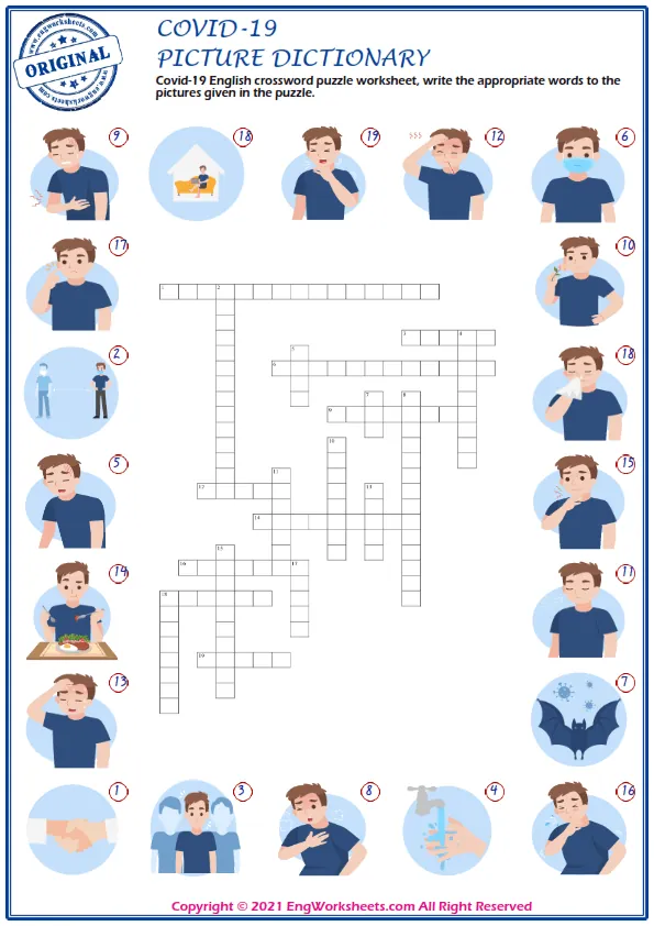 Covid-19 English crossword puzzle worksheet, write the appropriate words to the pictures given in the puzzle. Worksheet Preview