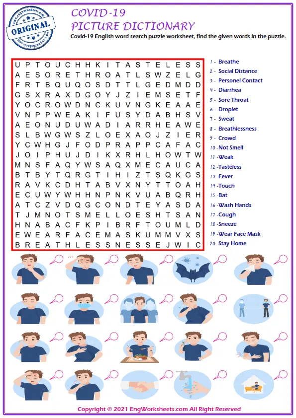 Covid-19 English word search puzzle worksheet, find the given words in the puzzle. Worksheet Preview