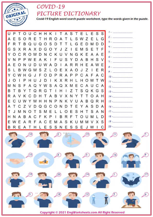 Covid-19 English word search puzzle worksheet, type the words given in the puzzle. Worksheet Preview