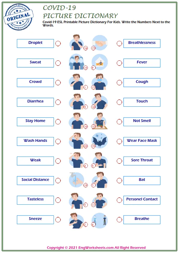 Covid-19 ESL Printable Picture Dictionary For Kids. Write the Numbers Next to the Words. Worksheet Preview