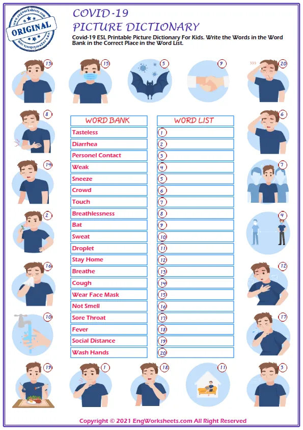 Covid-19 ESL Printable Picture Dictionary For Kids. Write the Words in the Word Bank in the Correct Place in the Word List. Worksheet Preview