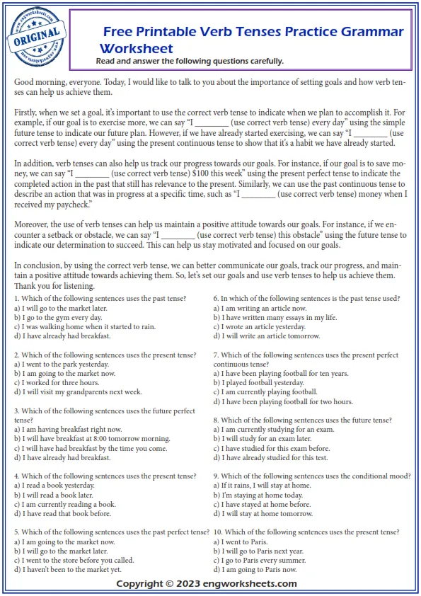 Free Printable Verb Tenses Practice Grammar Worksheet Worksheet Preview