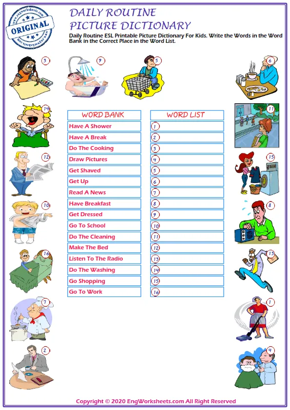 Daily Routine ESL Printable Picture Dictionary For Kids. Write the Words in the Word Bank in the Correct Place in the Word List. Worksheet Preview