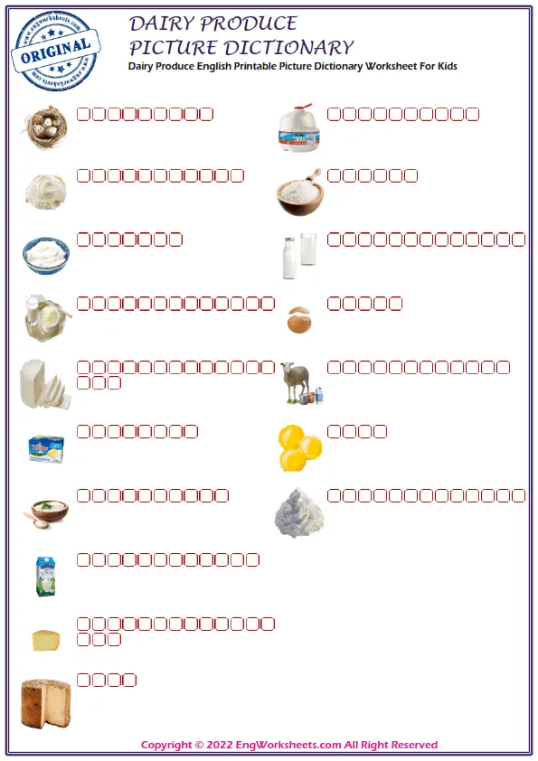 Dairy Produce English Printable Picture Dictionary Worksheet For Kids Worksheet Preview