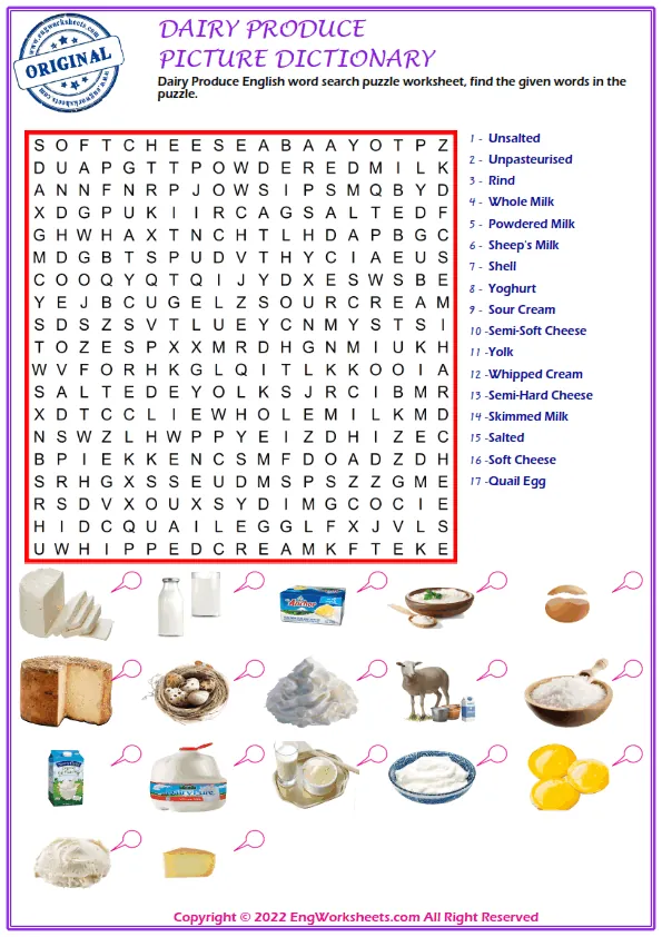Dairy Produce English word search puzzle worksheet, find the given words in the puzzle. Worksheet Preview
