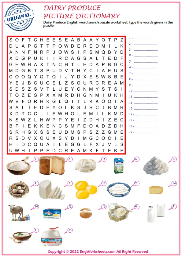 Dairy Produce English word search puzzle worksheet, type the words given in the puzzle. Worksheet Preview