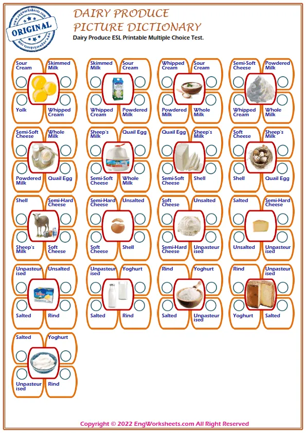 Dairy Produce ESL Printable Multiple Choice Test. Worksheet Preview