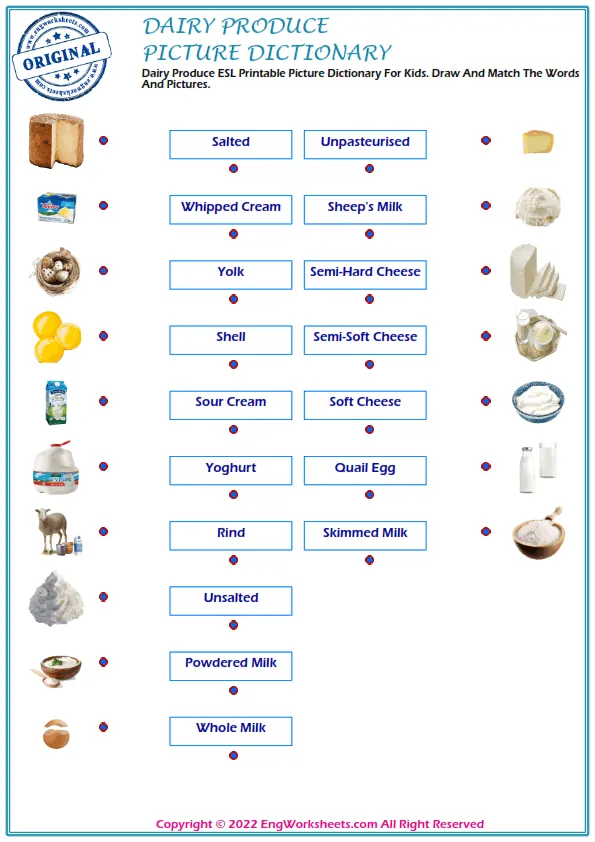 Dairy Produce ESL Printable Picture Dictionary For Kids. Draw And Match The Words And Pictures. Worksheet Preview