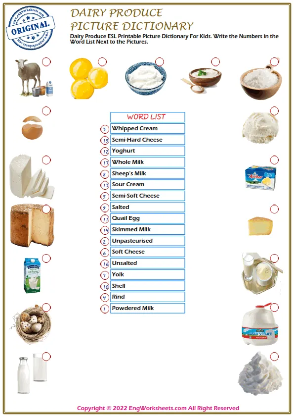 Dairy Produce ESL Printable Picture Dictionary For Kids. Write the Numbers in the Word List Next to the Pictures. Worksheet Preview
