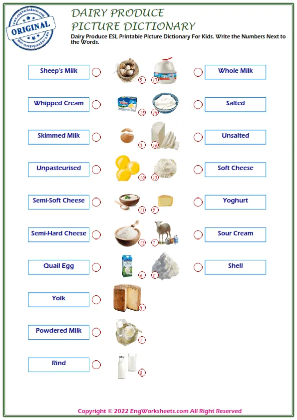 Dairy Produce ESL Printable Picture Dictionary For Kids. Write the Numbers Next to the Words. Worksheet Preview