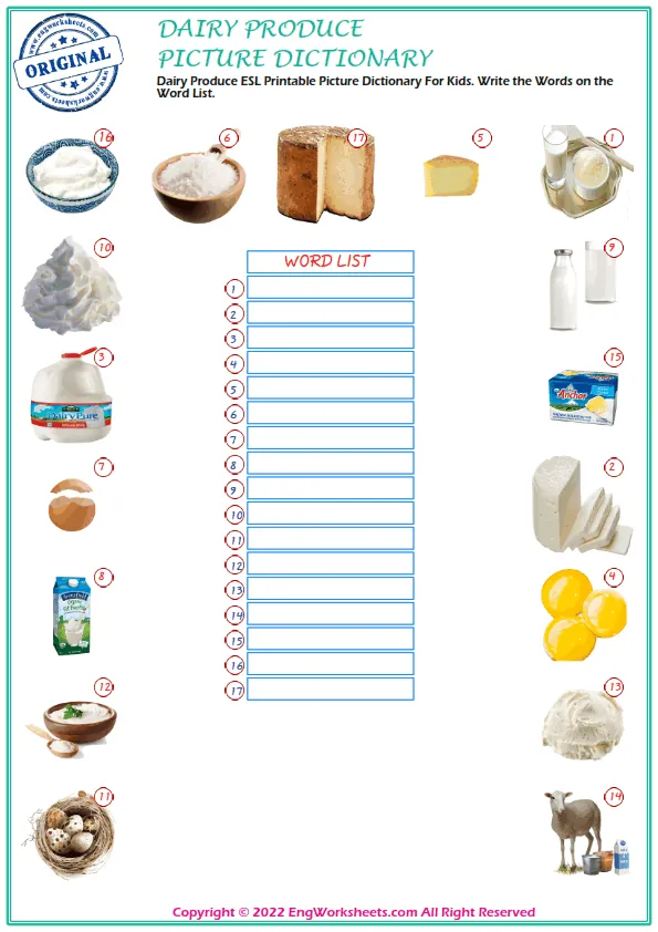 Dairy Produce ESL Printable Picture Dictionary For Kids. Write the Words on the Word List. Worksheet Preview