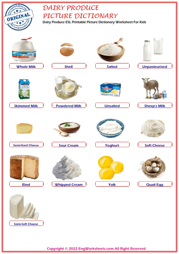 Dairy Produce ESL Printable Picture Dictionary Worksheet For Kids Worksheet Preview