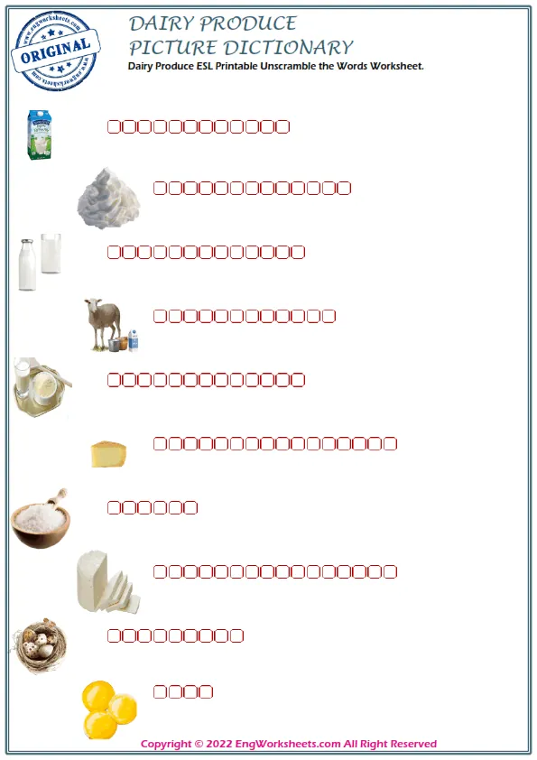 Dairy Produce ESL Printable Unscramble the Words Worksheet. Worksheet Preview