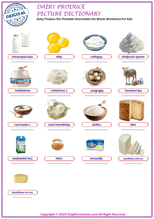 Dairy Produce ESL Printable Unscramble the Words Worksheet For Kids Worksheet Preview