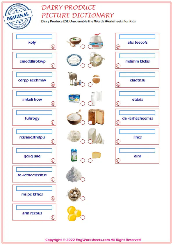 Dairy Produce ESL Unscramble the Words Worksheets For Kids Worksheet Preview