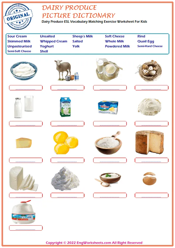Dairy Produce ESL Vocabulary Matching Exercise Worksheet For Kids Worksheet Preview