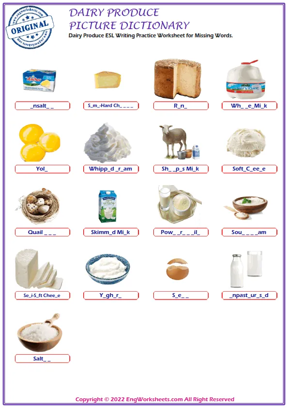 Dairy Produce ESL Writing Practice Worksheet for Missing Words. Worksheet Preview