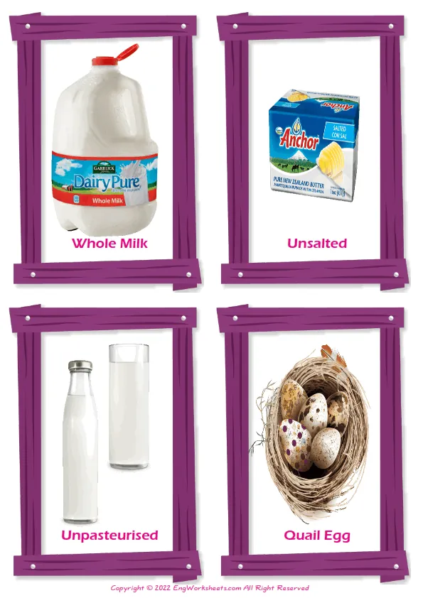 Wordless Dairy Produce vocabulary worksheet with four images per page Worksheet Preview