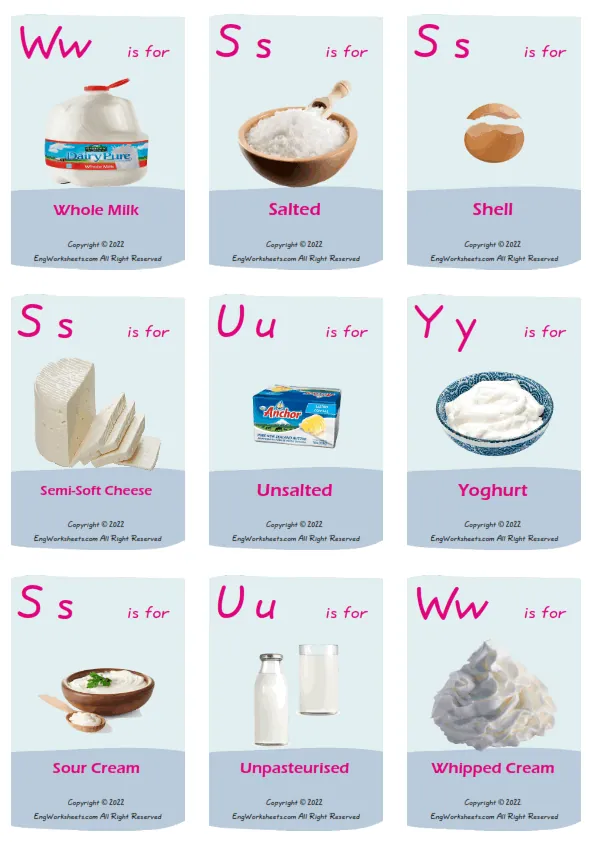 Dairy Produce vocabulary worksheet with words, six images per page Worksheet Preview
