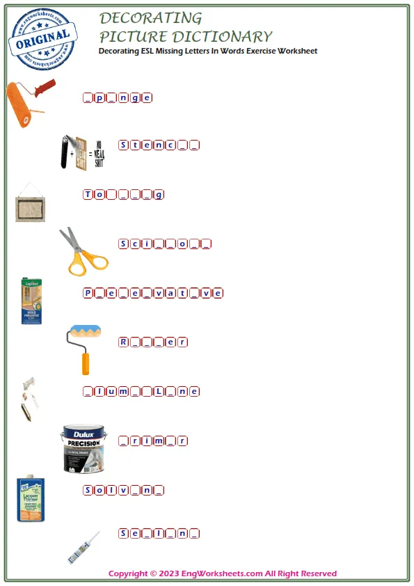 Decorating ESL Missing Letters In Words Exercise Worksheet Worksheet Preview