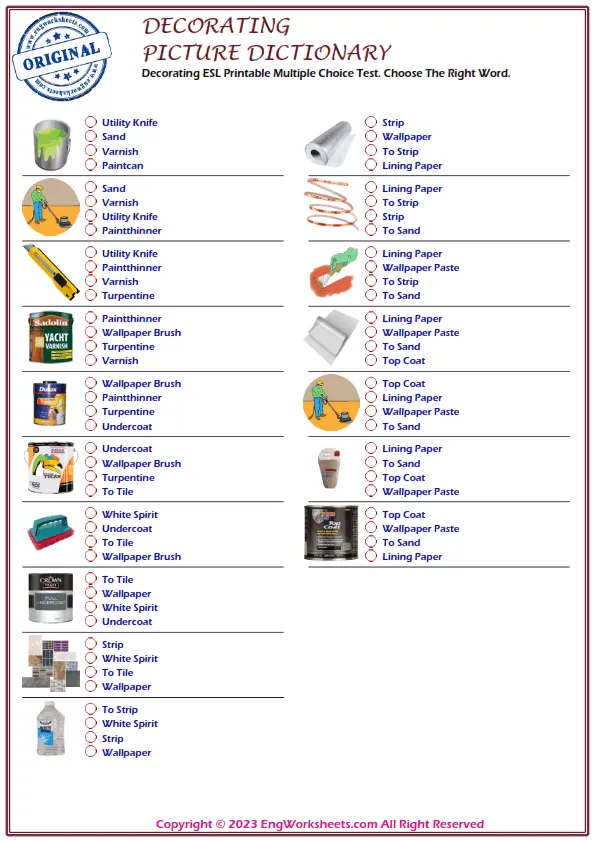 Decorating ESL Printable Multiple Choice Test. Choose The Right Word. Worksheet Preview