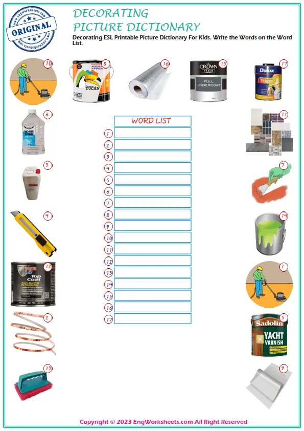 Decorating ESL Printable Picture Dictionary For Kids. Write the Words on the Word List. Worksheet Preview