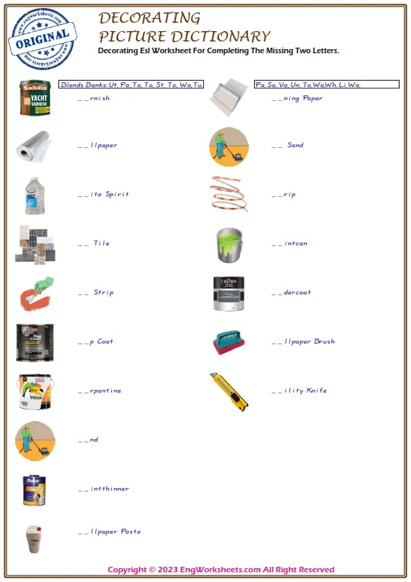 Decorating Esl Worksheet For Completing The Missing Two Letters. Worksheet Preview